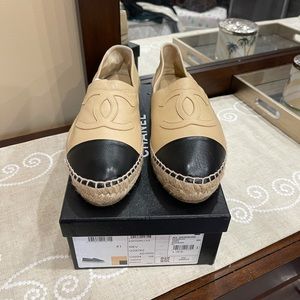 Chanel Lambskin beige and black espadrilles.